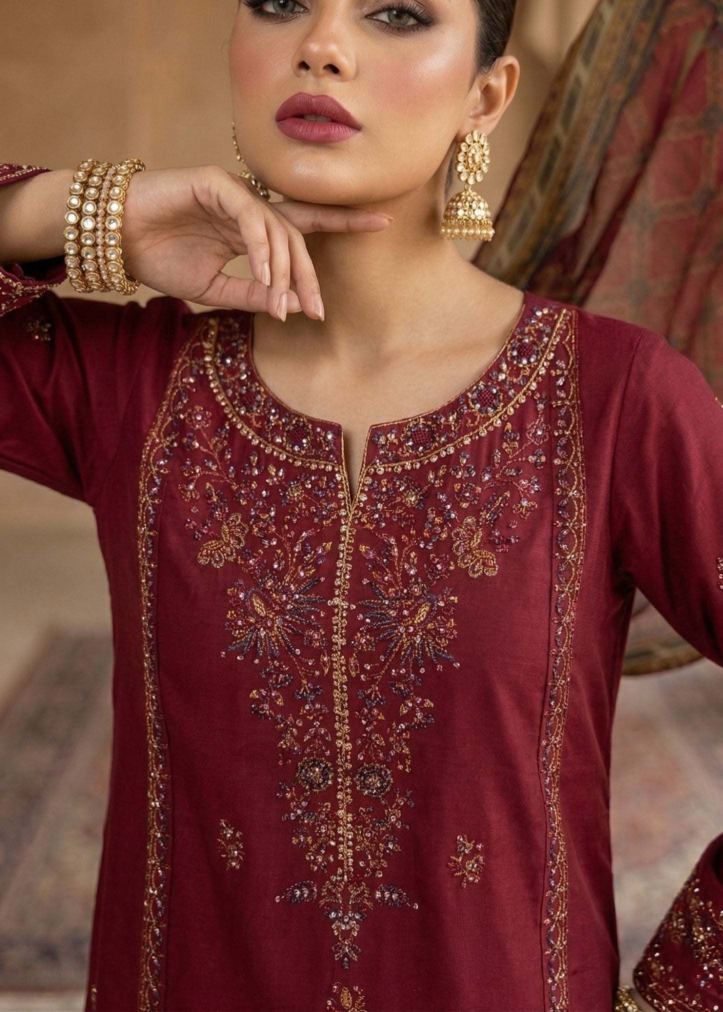 Ladies Maroon Embroidered Shalwar Kameez Online in UK USA Canada
