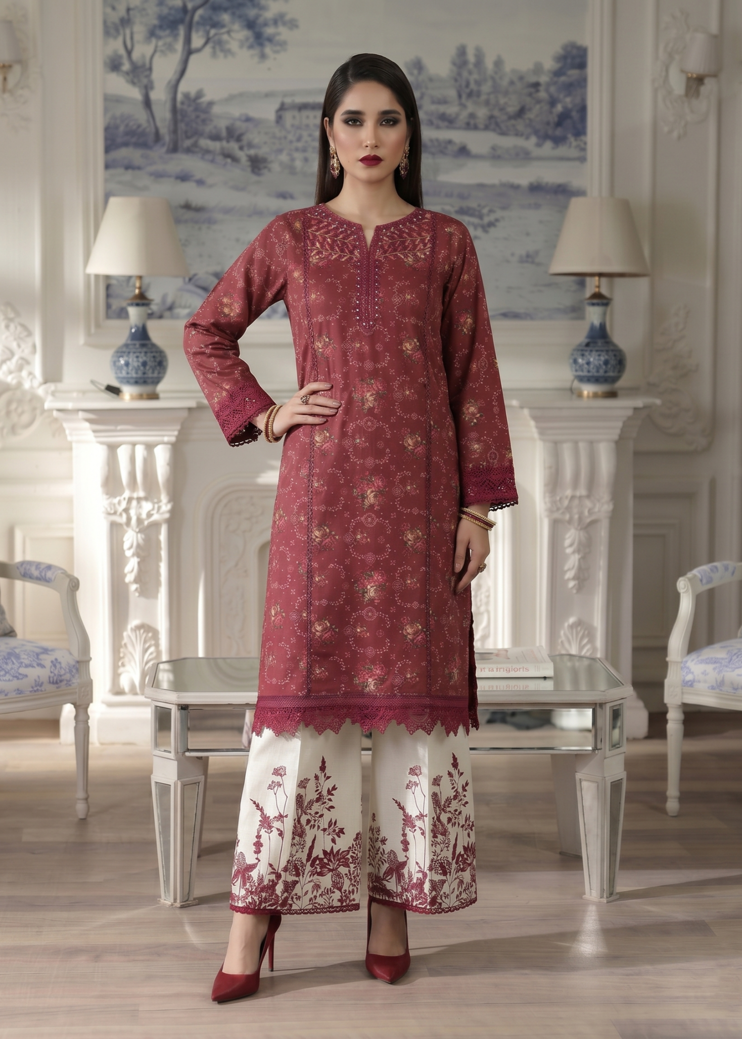 Ladies Maroon Embroidered Shalwar Kameez Online in UK USA Canada