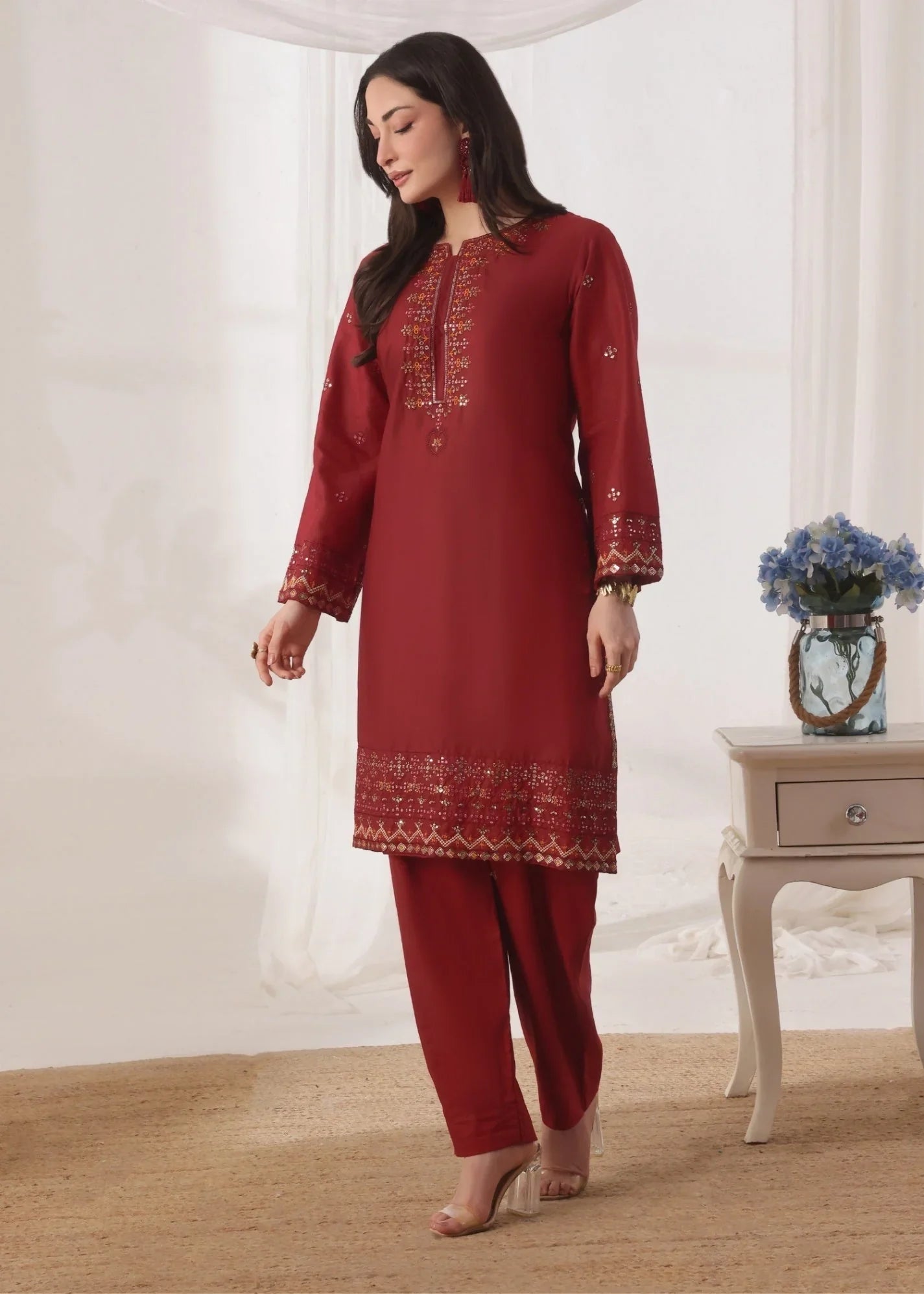 Ladies Maroon Embroidered Shalwar Kameez Online in UK USA Canada