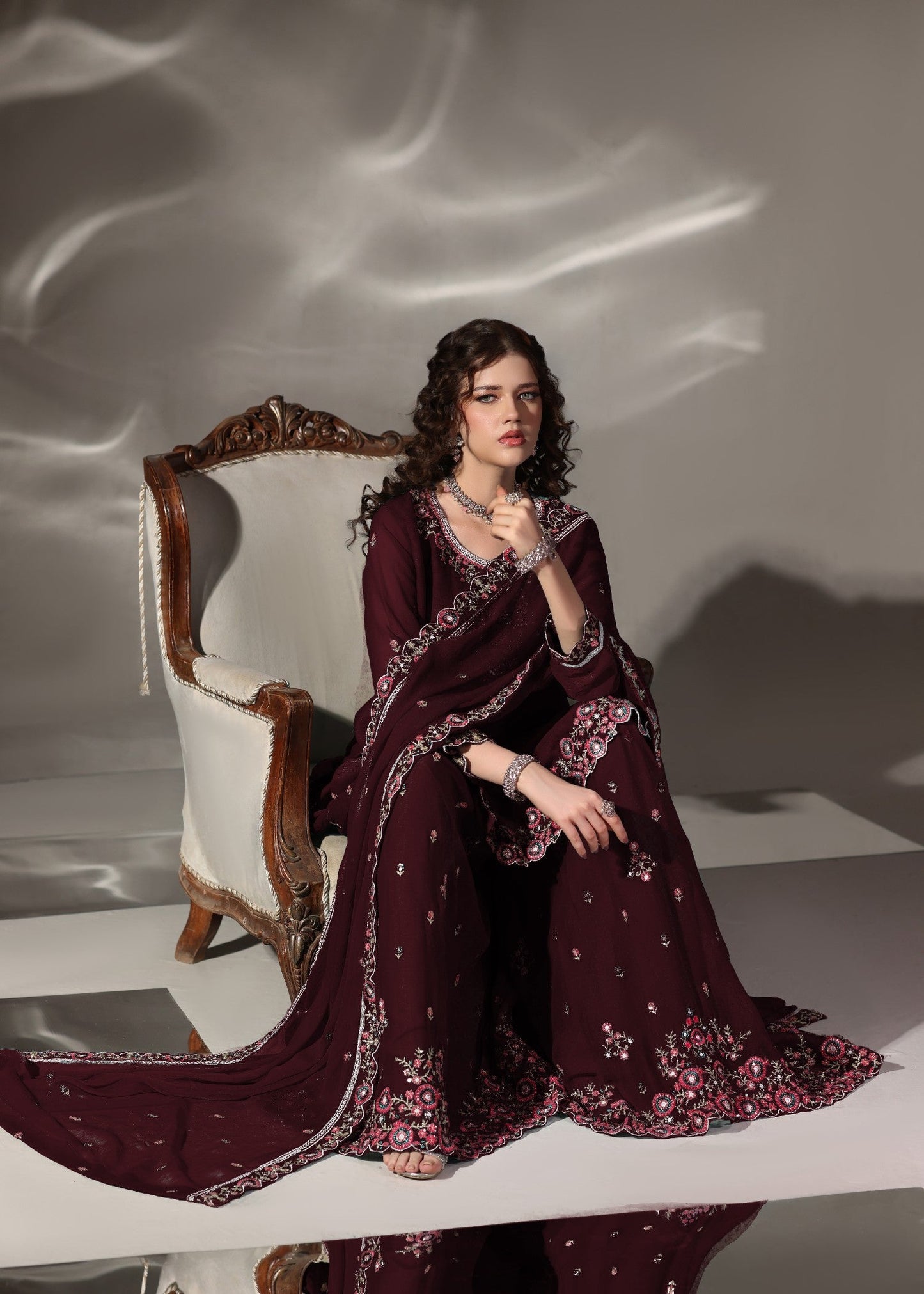 Ladies Maroon Embroidered Sharara Kameez Online in UK USA Canada