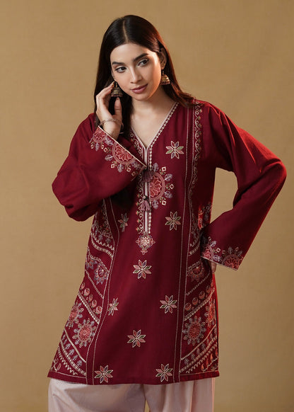 Ladies Maroon Embroidered Winter Wear Kurta Set Online in UK USA Canada