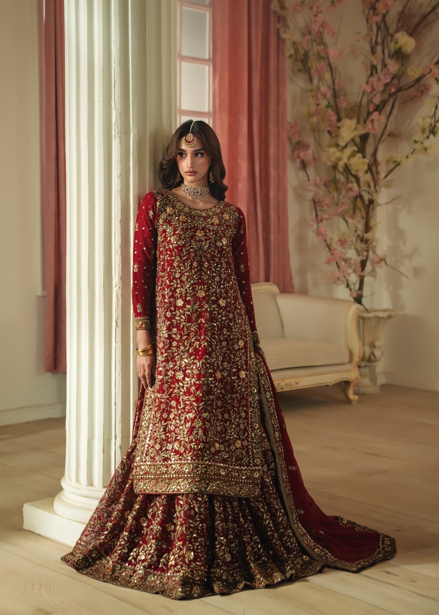 Ladies Maroon Jamawar Lehenga Chiffon Salwar Kameez Online in UK USA Canada