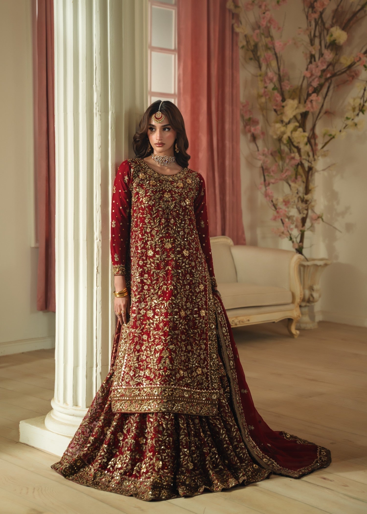 Ladies Maroon Jamawar Lehenga Chiffon Salwar Kameez Online in UK USA Canada