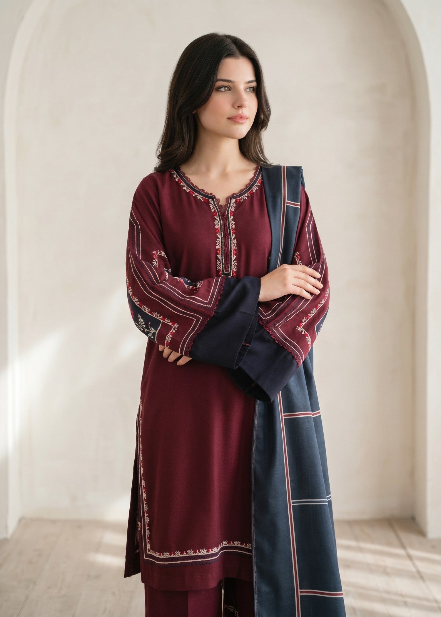 Ladies Maroon Linen Embroidered Kurta Pajama Online in KSA Riyadh Saudi Arabia Oman Bahrain Qatar