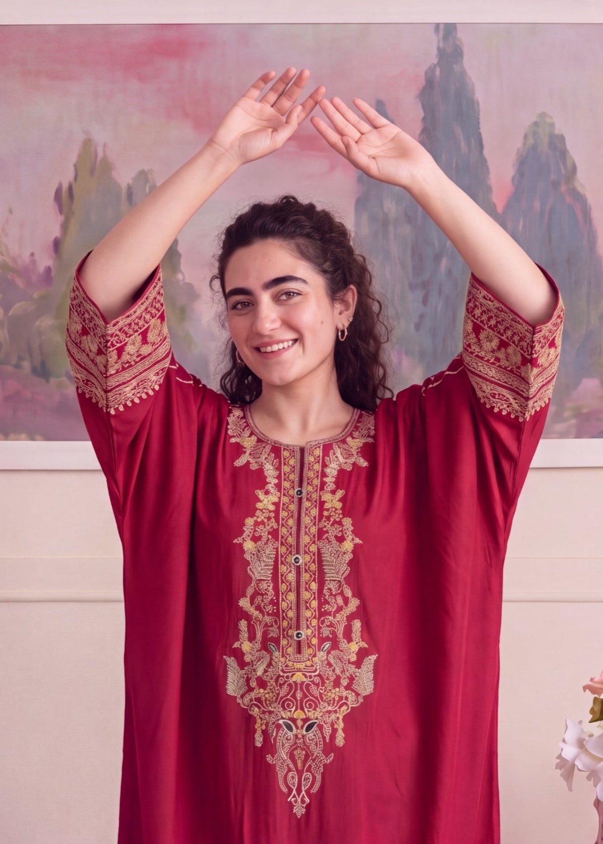 Ladies Maroon Linen Kaftan Pakistani Partywear Online in KSA Riyadh Saudi Arabia Oman Bahrain Qatar