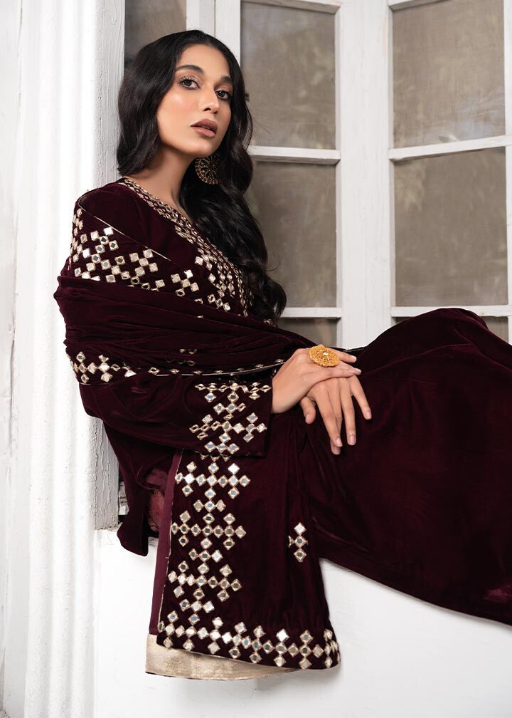 Ladies Maroon Mirror Work Velvet Suit Online in UK USA Canada