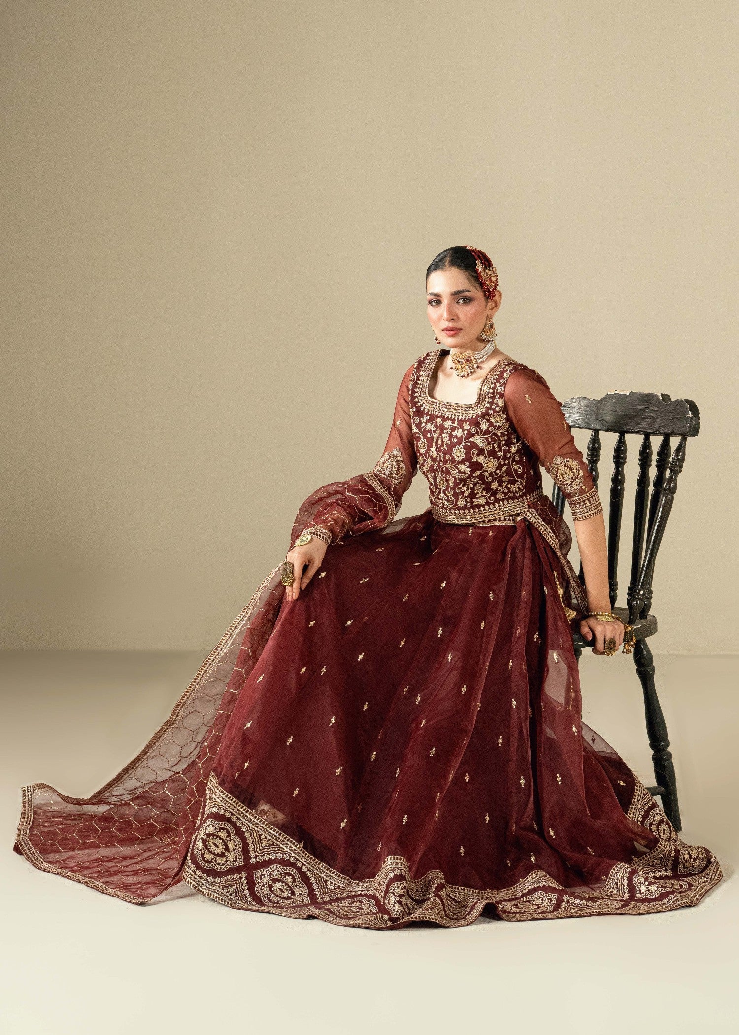 Ladies Maroon Organza Embroidered Lehenga Set Online in UK USA Canada