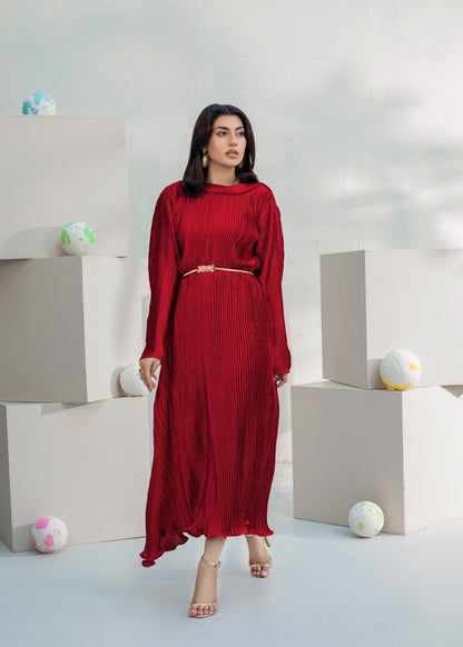 Ladies Maroon Pleated Silk Co-ord Set Online in KSA Riyadh Saudi Arabia Oman Bahrain Qatar