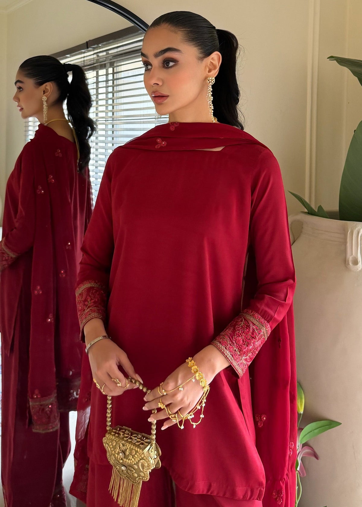 Ladies Maroon Raw Silk Chiffon Dupatta Salwar Suit Online in UK USA Canada
