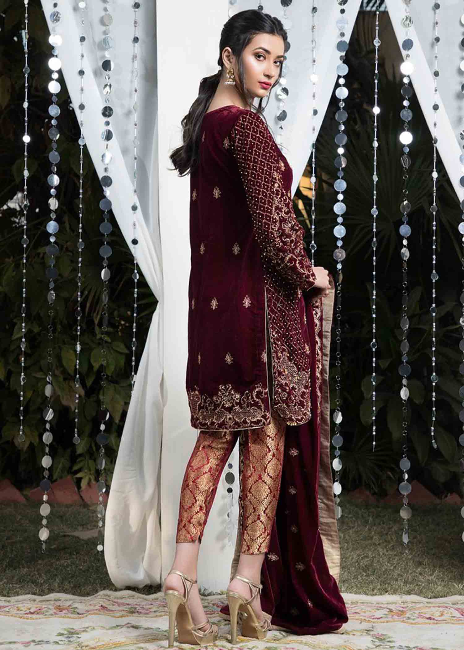 Ladies Maroon Velvet Adda Work Shalwar Kameez Online in UK USA Canada