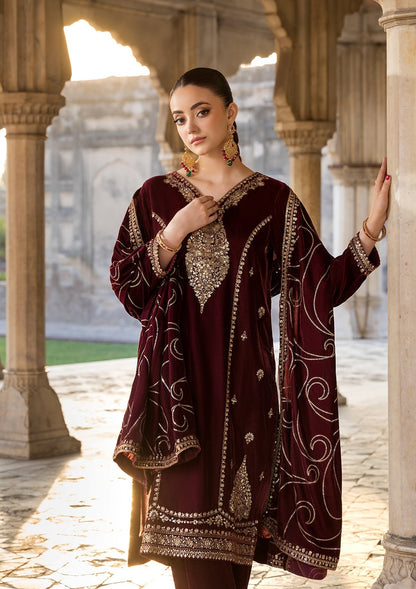 Ladies Maroon Velvet Embroidered Salwar Kameez Online in KSA Riyadh Saudi Arabia Oman Bahrain Qatar