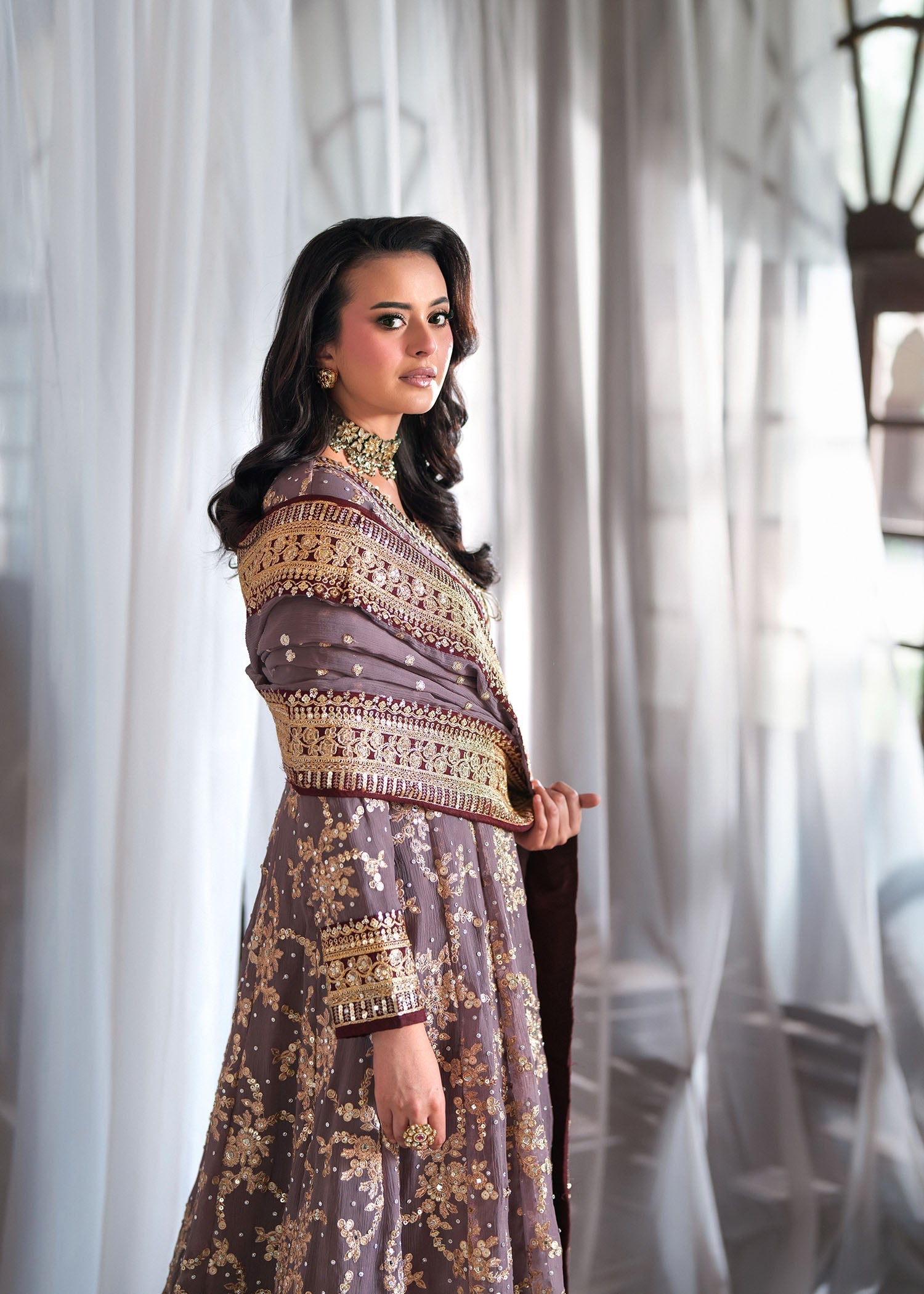 Ladies Mauve Chiffon Partywear Suit Online in UK USA Canada