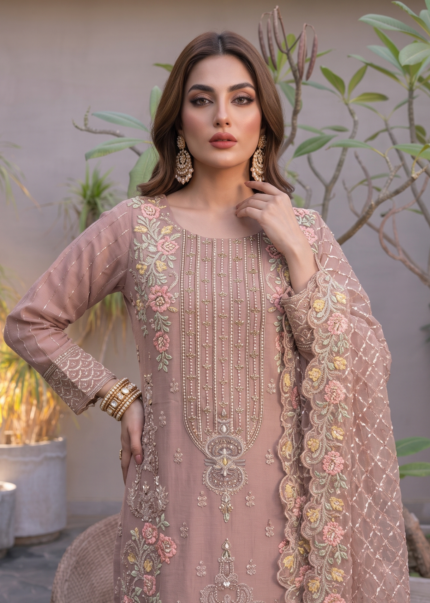 Ladies Mauve Pink Embroidered Organza Suit Online in UK USA Canada
