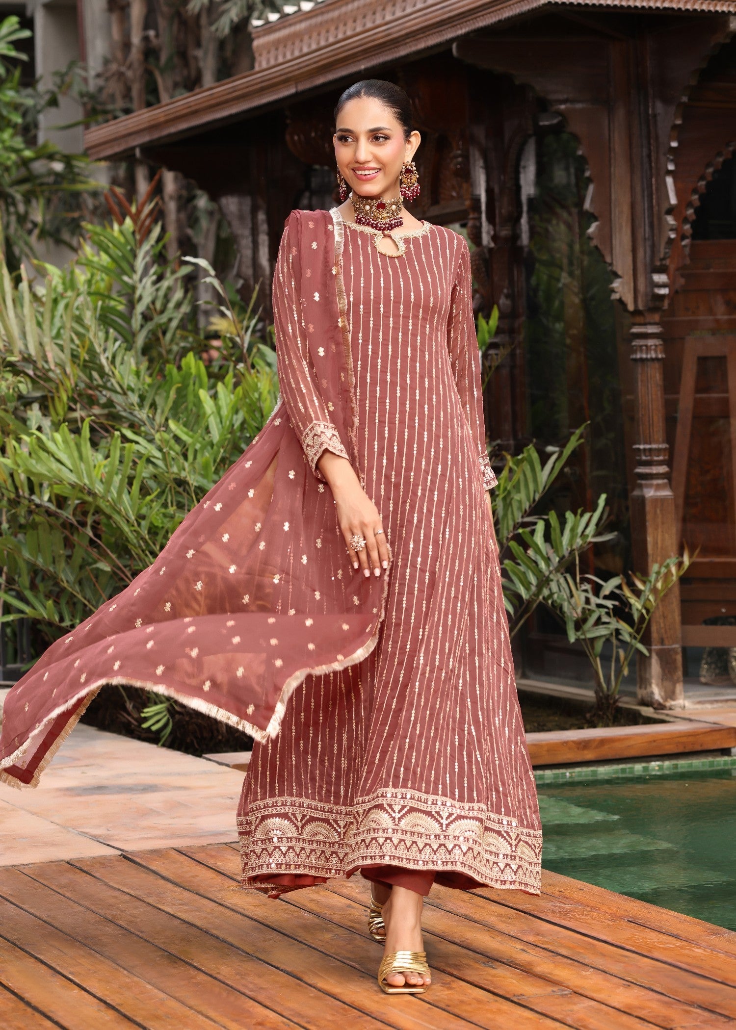 Ladies Melon Pink Embroidered Chiffon Shalwar Kameez Online in UK USA Canada