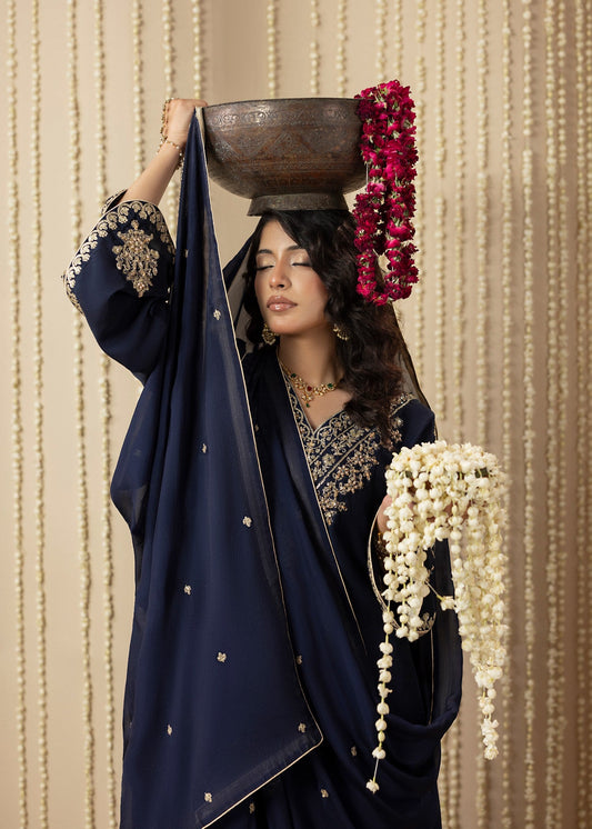 Ladies Midnight Blue Raw Silk Kaftan with Dupatta Online in UK USA Canada
