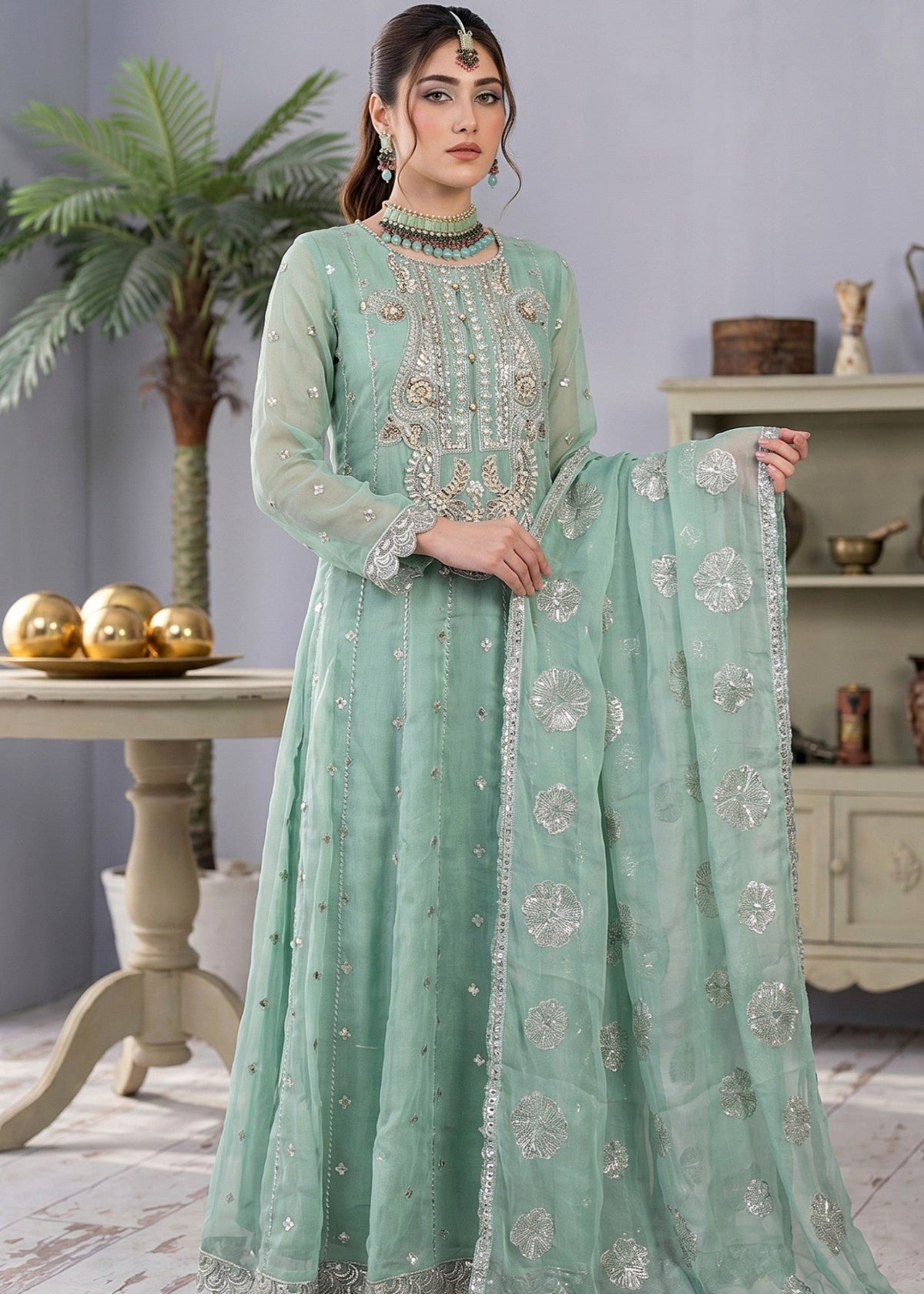 Ladies Mint Green Chiffon Pishwas Salwar Kameez Online in KSA Riyadh Saudi Arabia Oman Bahrain Qatar