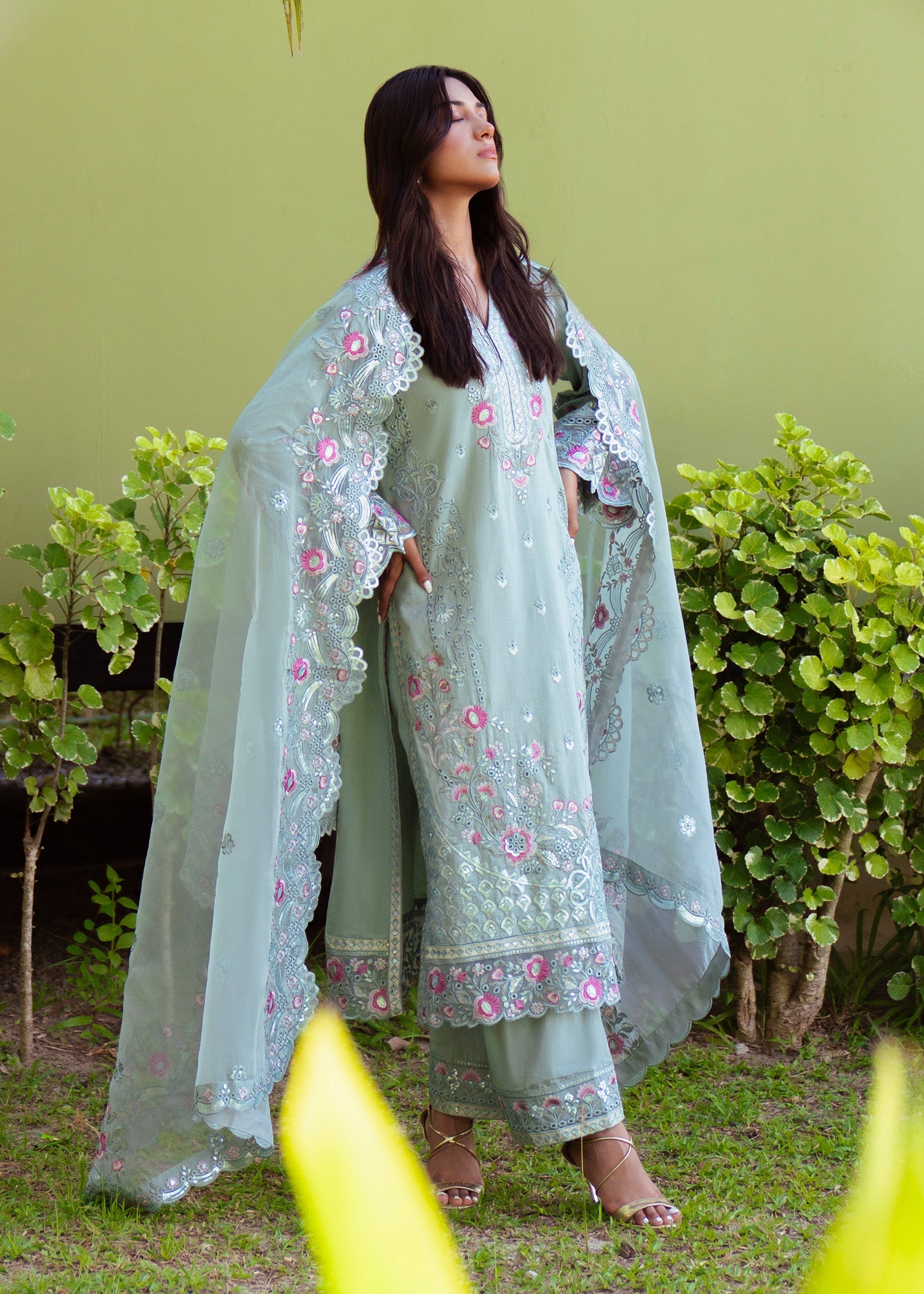 Ladies Mint Green Embroidered Lawn Shalwar Kameez Online in UK USA Canada