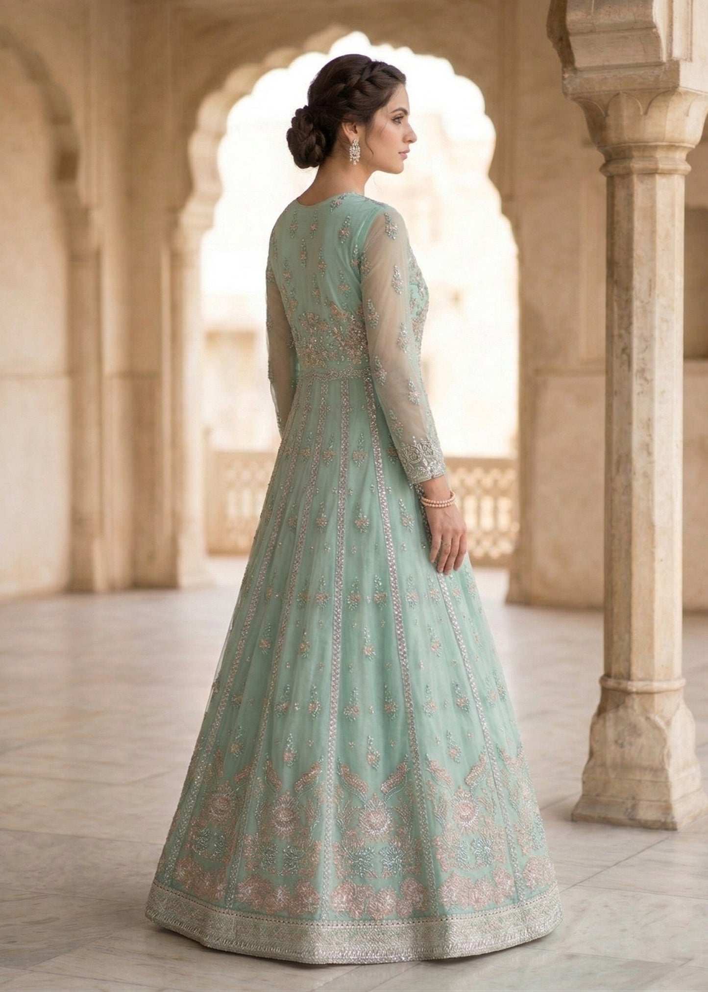 Ladies Mint Green Embroidered Organza Partywear Suit Online in UK USA Canada