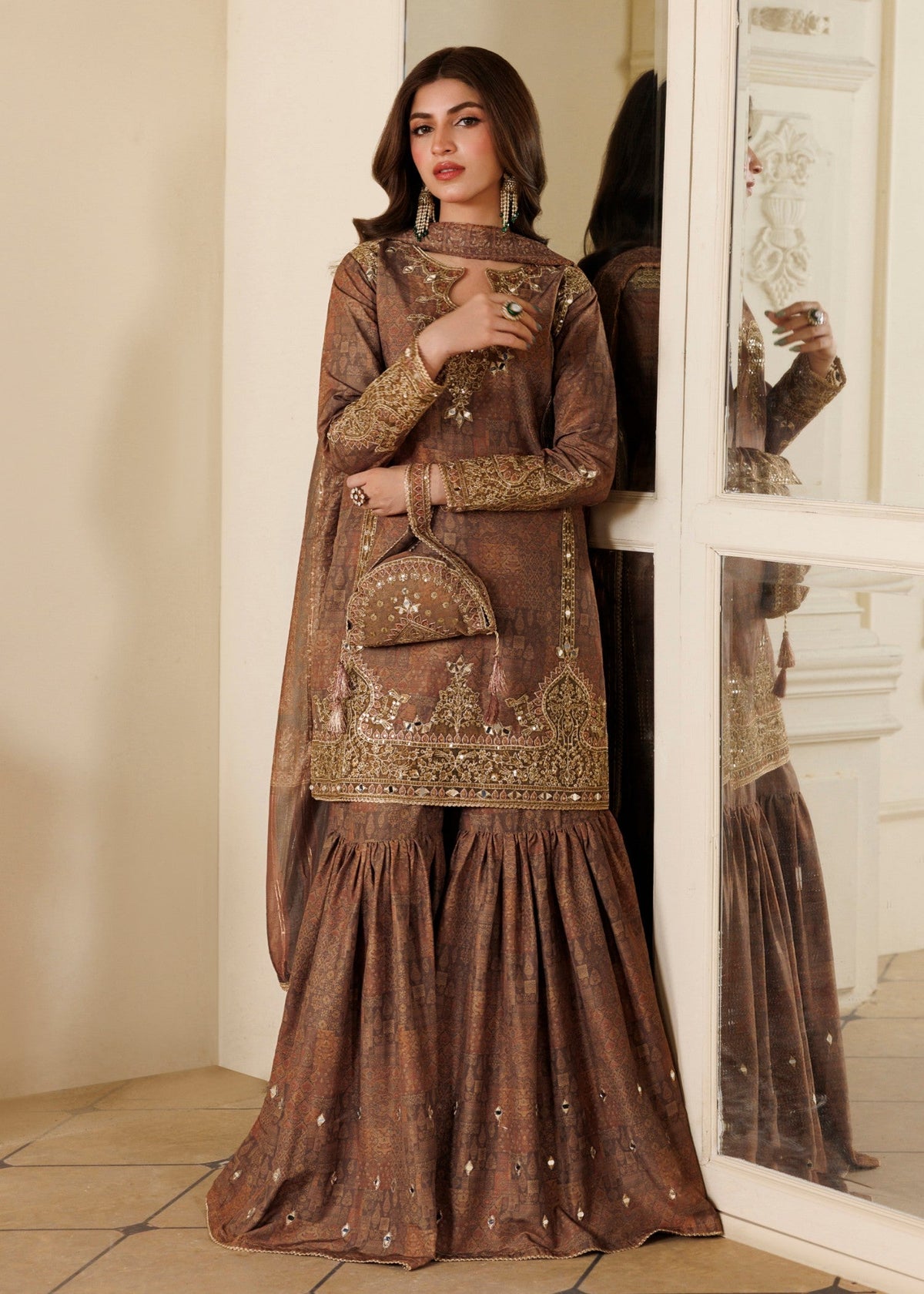 Ladies Mirror Work Camel Brown Khaddar Gharara Online in UK USA Canada