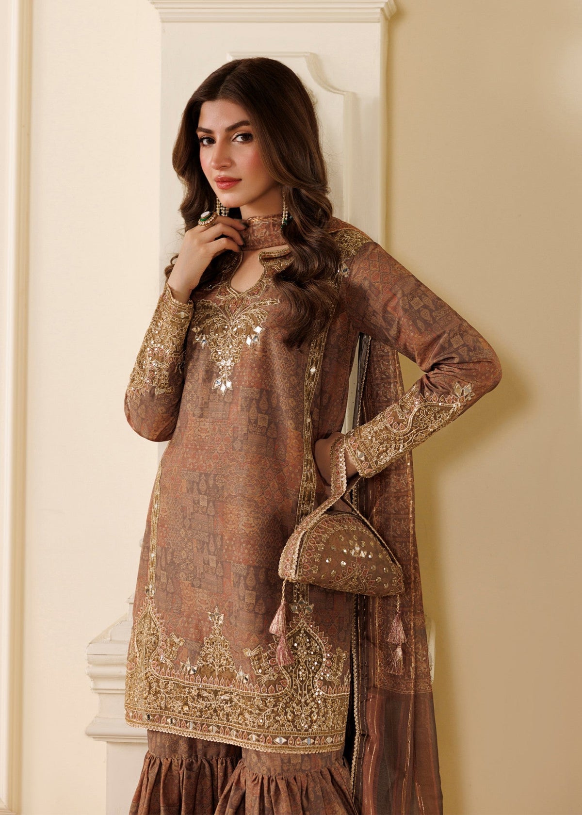 Ladies Mirror Work Camel Brown Khaddar Gharara Online in UK USA Canada
