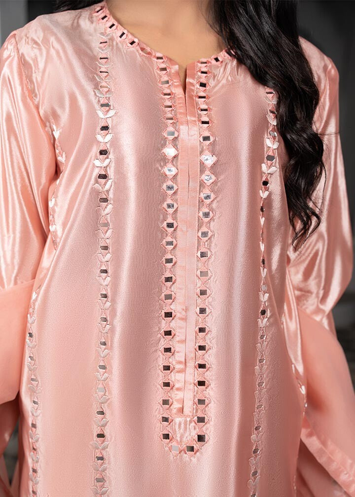 Ladies Mirror Work Peach Pink Kattan Silk Shalwar Kameez Online in UK USA Canada