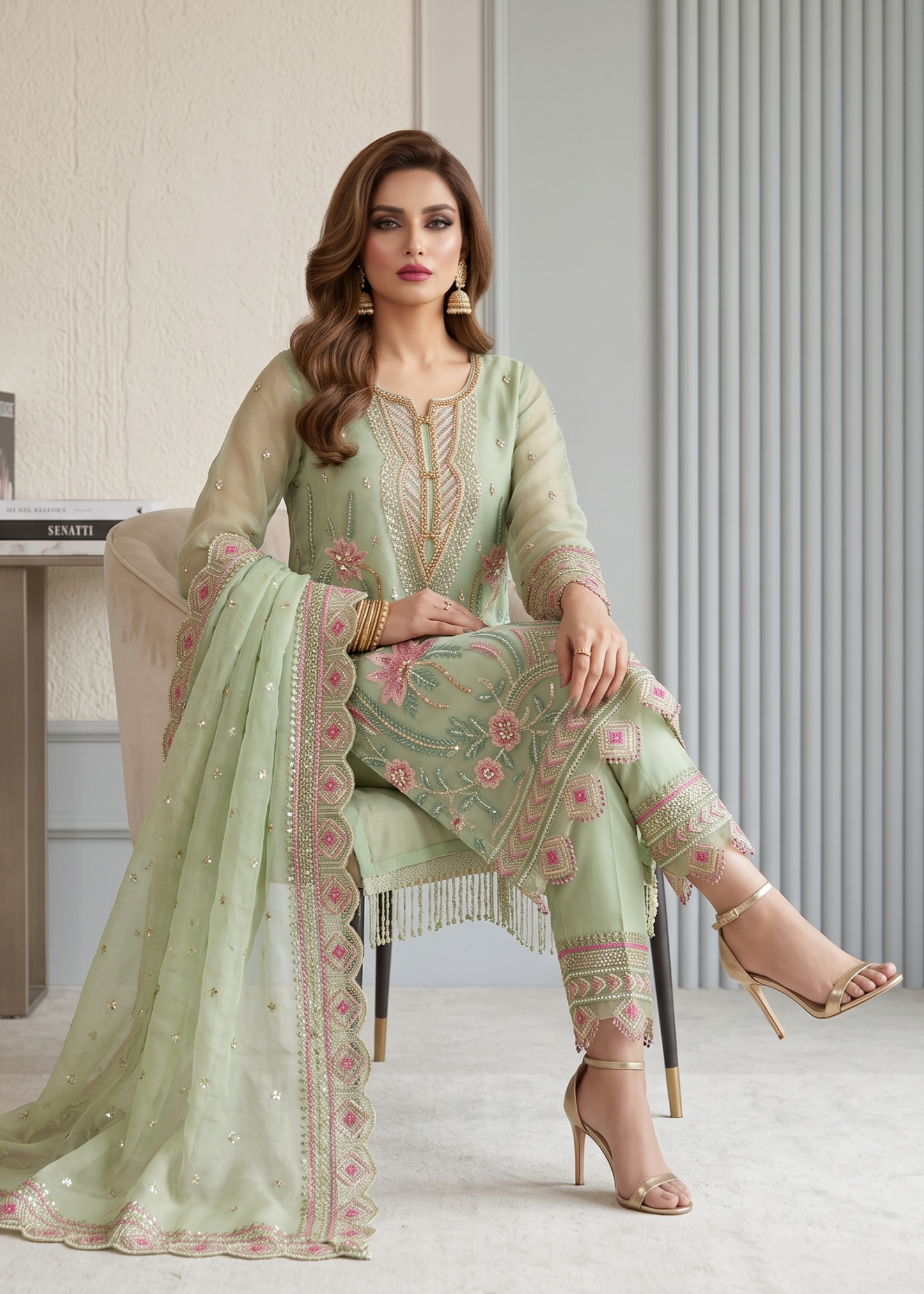 Ladies Moss Green Embroidered Organza Suit Online in Dubai DXB UAE Abudhabi Meena Bazaar