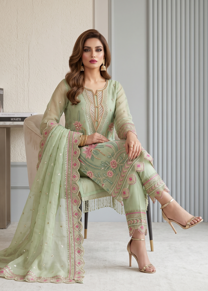 Ladies Moss Green Embroidered Organza Suit Online in Dubai DXB UAE Abudhabi Meena Bazaar