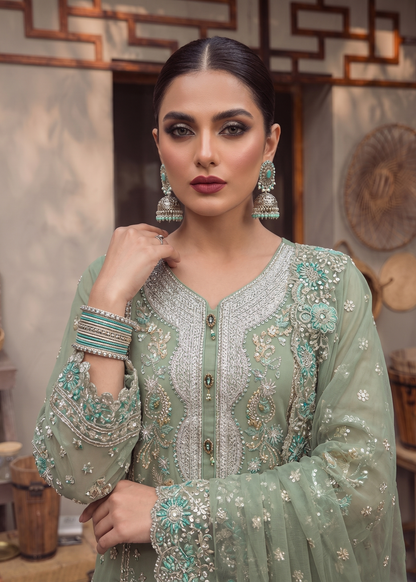 Ladies Moss Green Organza Embroidered Kurta Online in UK USA Canada