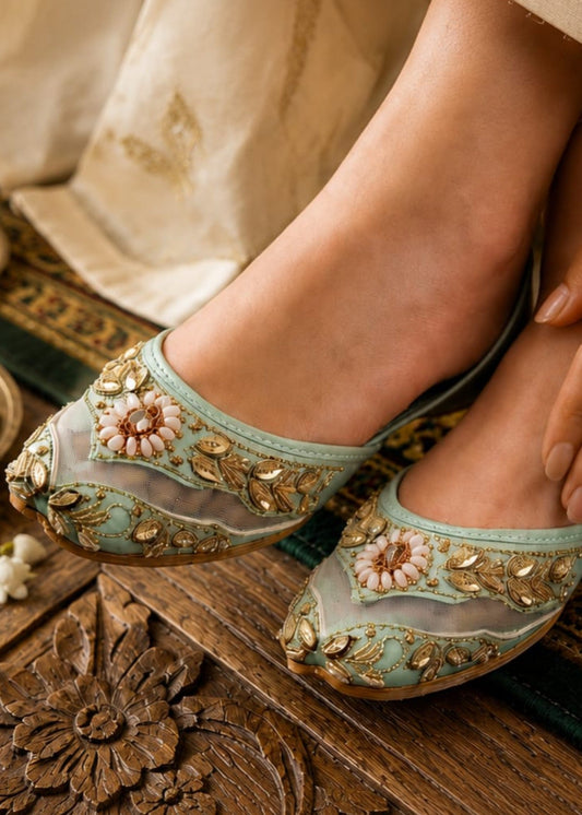 Ladies Moss Green Silk Khussa Online in UK USA Canada