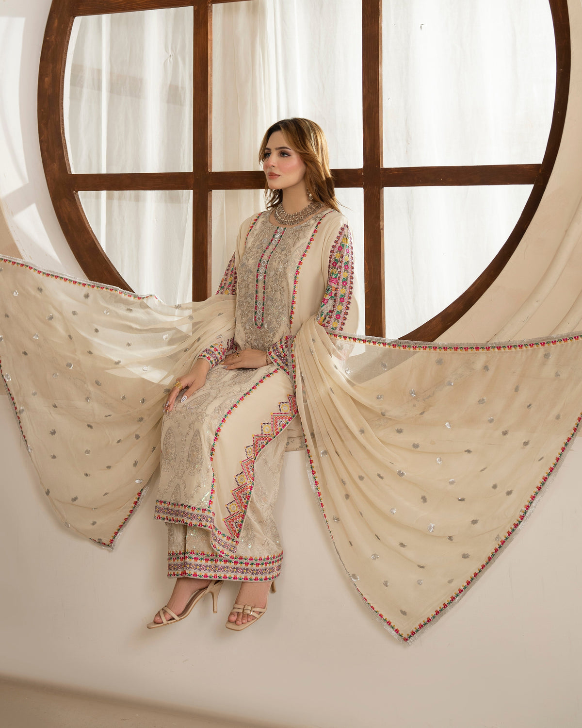 Ladies Multi Tilla Embroidered Russian Grip Slub Shalwar Kameez Online in UK USA Canada