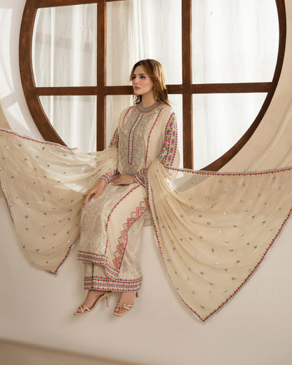 Ladies Multi Tilla Embroidered Russian Grip Slub Shalwar Kameez Online in UK USA Canada