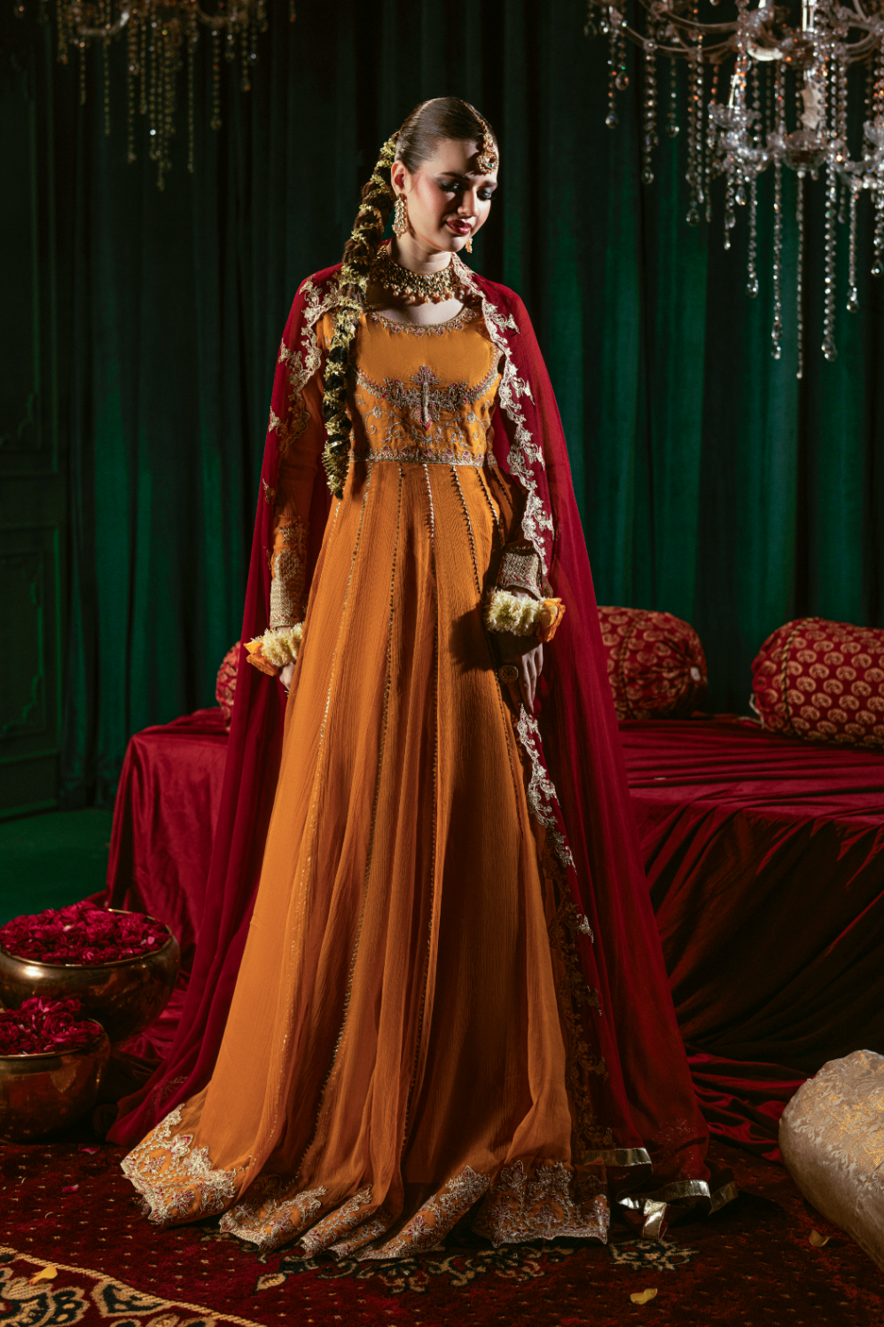 Ladies Mustard Embroidered Chiffon Partywear Suit Online in UK USA Canada