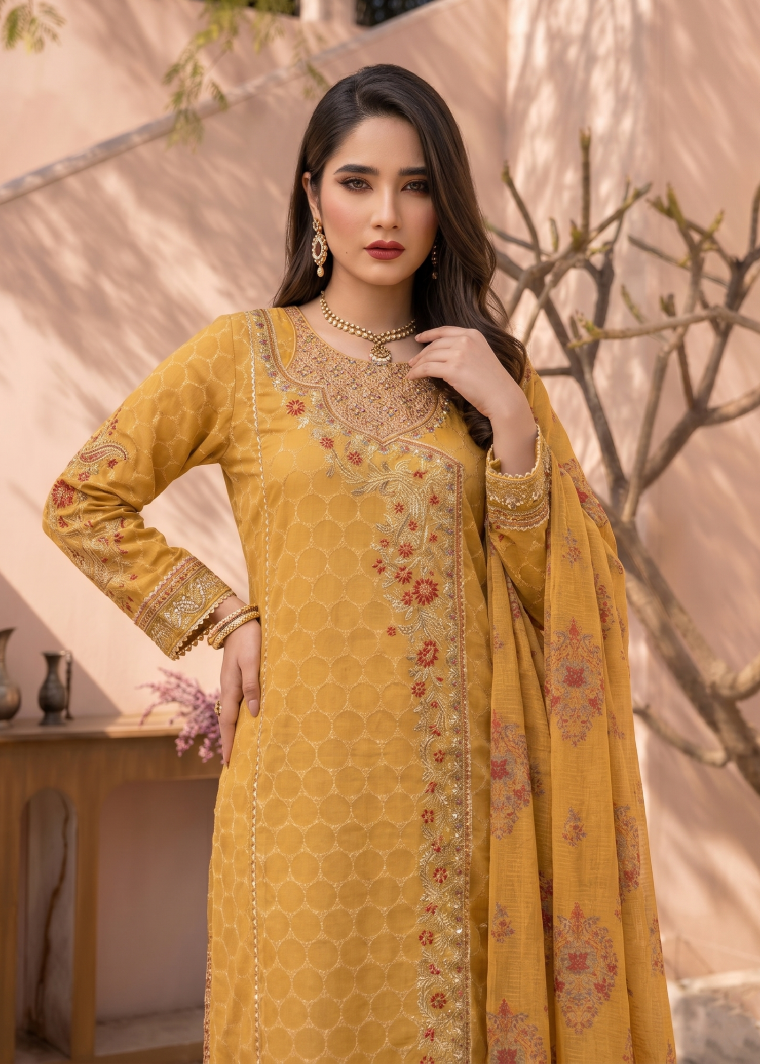Ladies Mustard Embroidered Jacquard Kurta Pajama Online in UK USA Canada