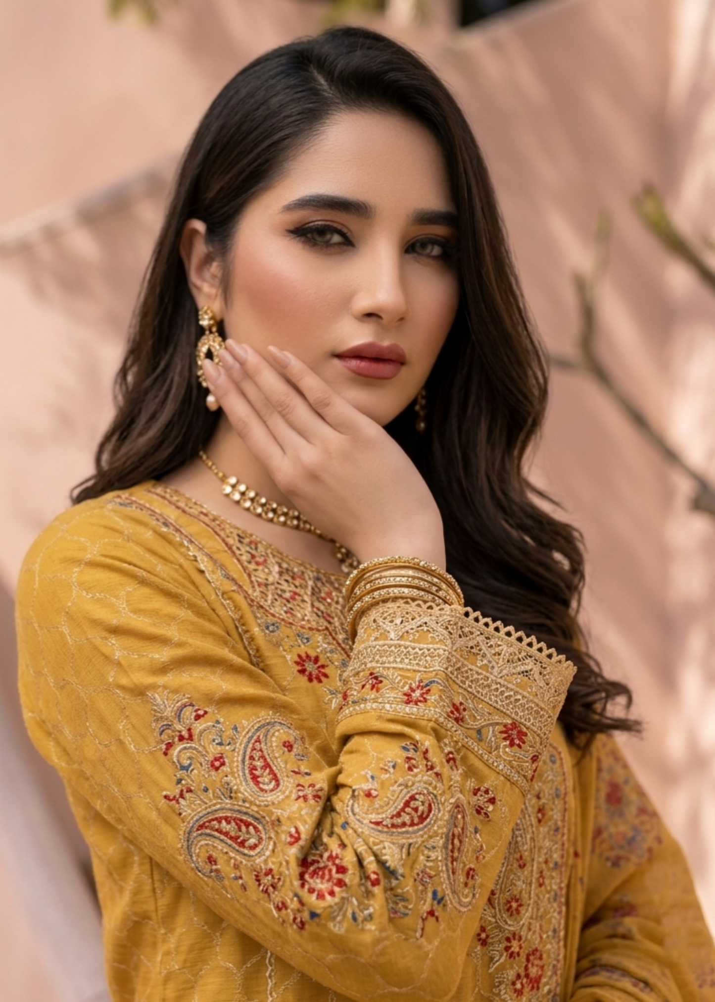 Ladies Mustard Embroidered Jacquard Shalwar Kameez Online in UK USA Canada