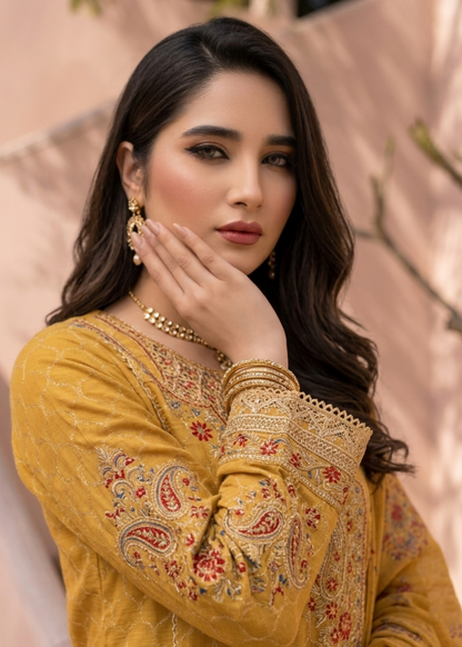 Ladies Mustard Embroidered Jacquard Shalwar Kameez Online in UK USA Canada