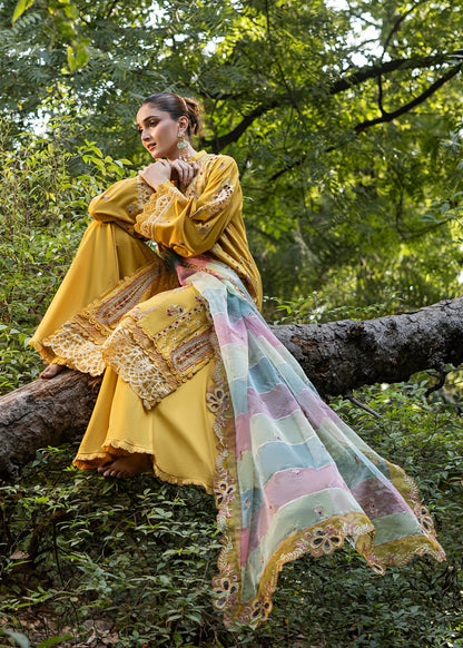 Ladies Mustard Embroidered Lawn Kurta Plazzo Dupatta Set Online in UK USA Canada