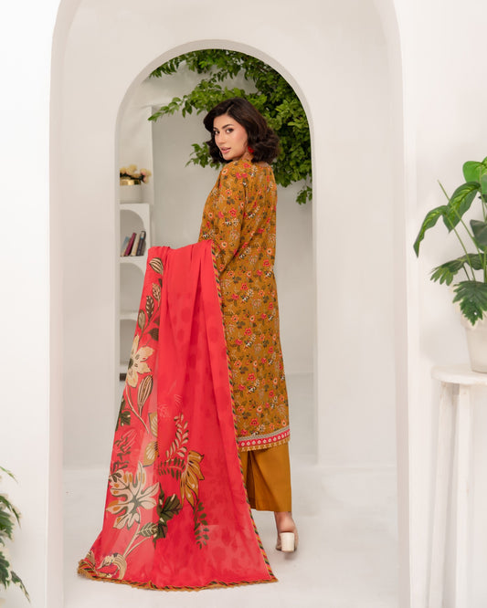Ladies Mustard Embroidered Lawn Shalwar Kameez Online in KSA Riyadh Saudi Arabia Oman Bahrain Qatar