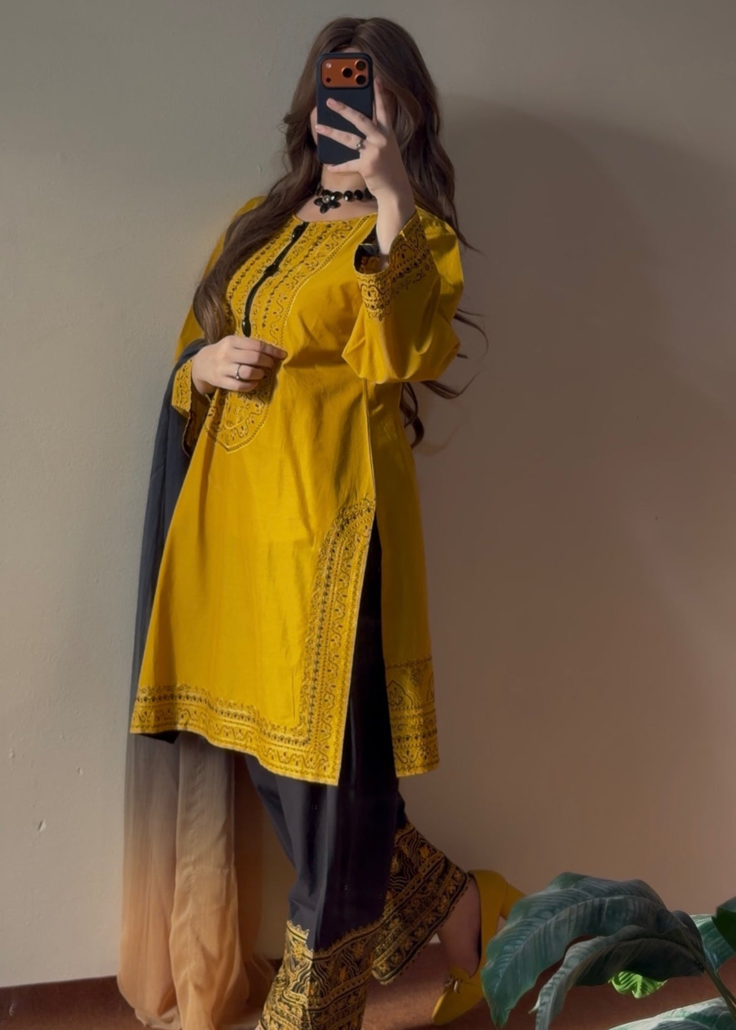 Ladies Mustard Embroidered Lawn Suit with Chiffon Dupatta Online in UK USA Canada