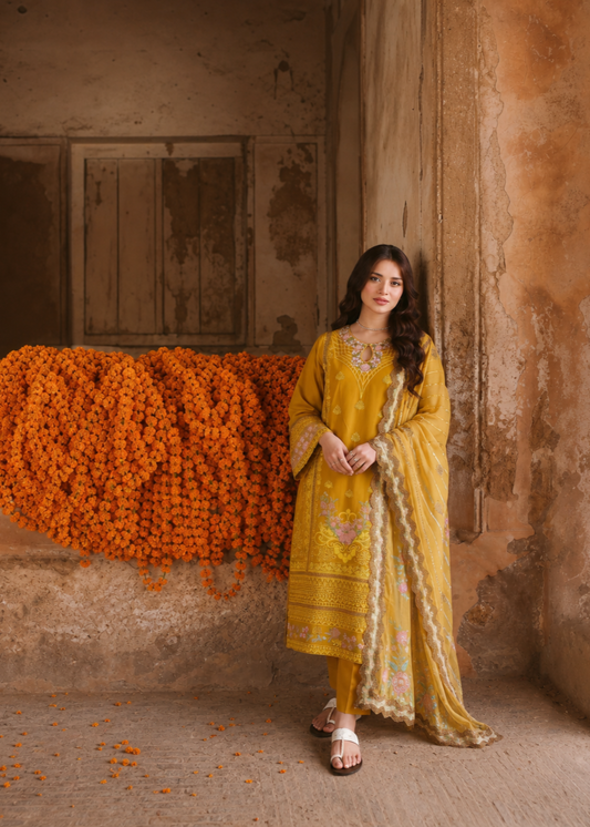 Ladies Mustard Lawn Embroidered Suit Online in UK USA Canada