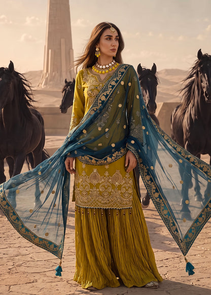 Ladies Mustard Organza Sharara with Dupatta Online in UK USA Canada