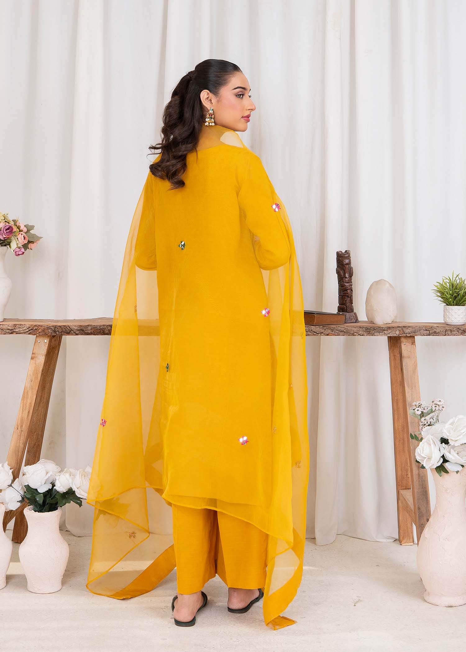 Ladies Mustard Resham Work Raw Silk Suit Online in UK USA Canada
