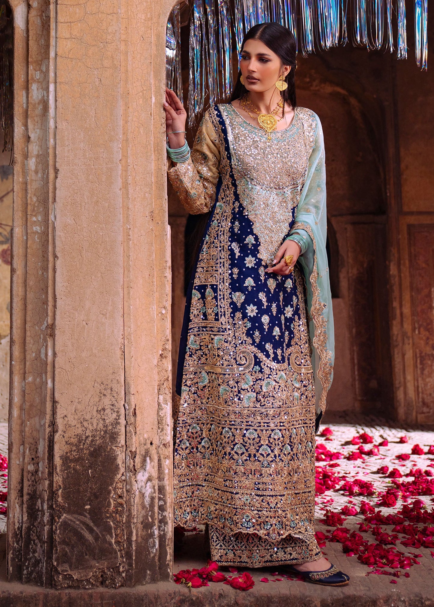 Ladies Navy Blue Chiffon Embroidered Kurta Online in UK USA Canada