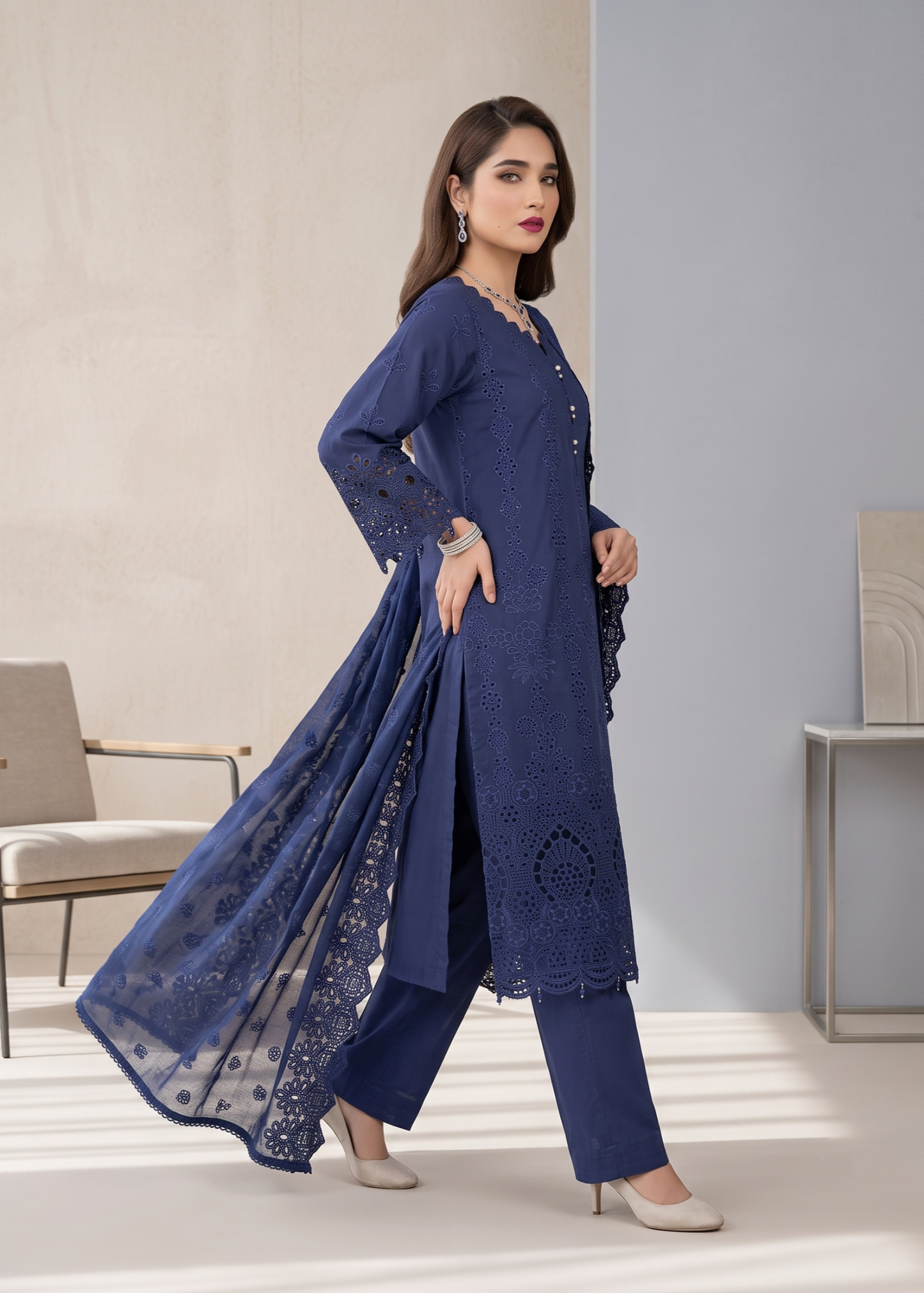 Ladies Navy Blue Chikankari Cotton Kurta Suit Online in UK USA Canada