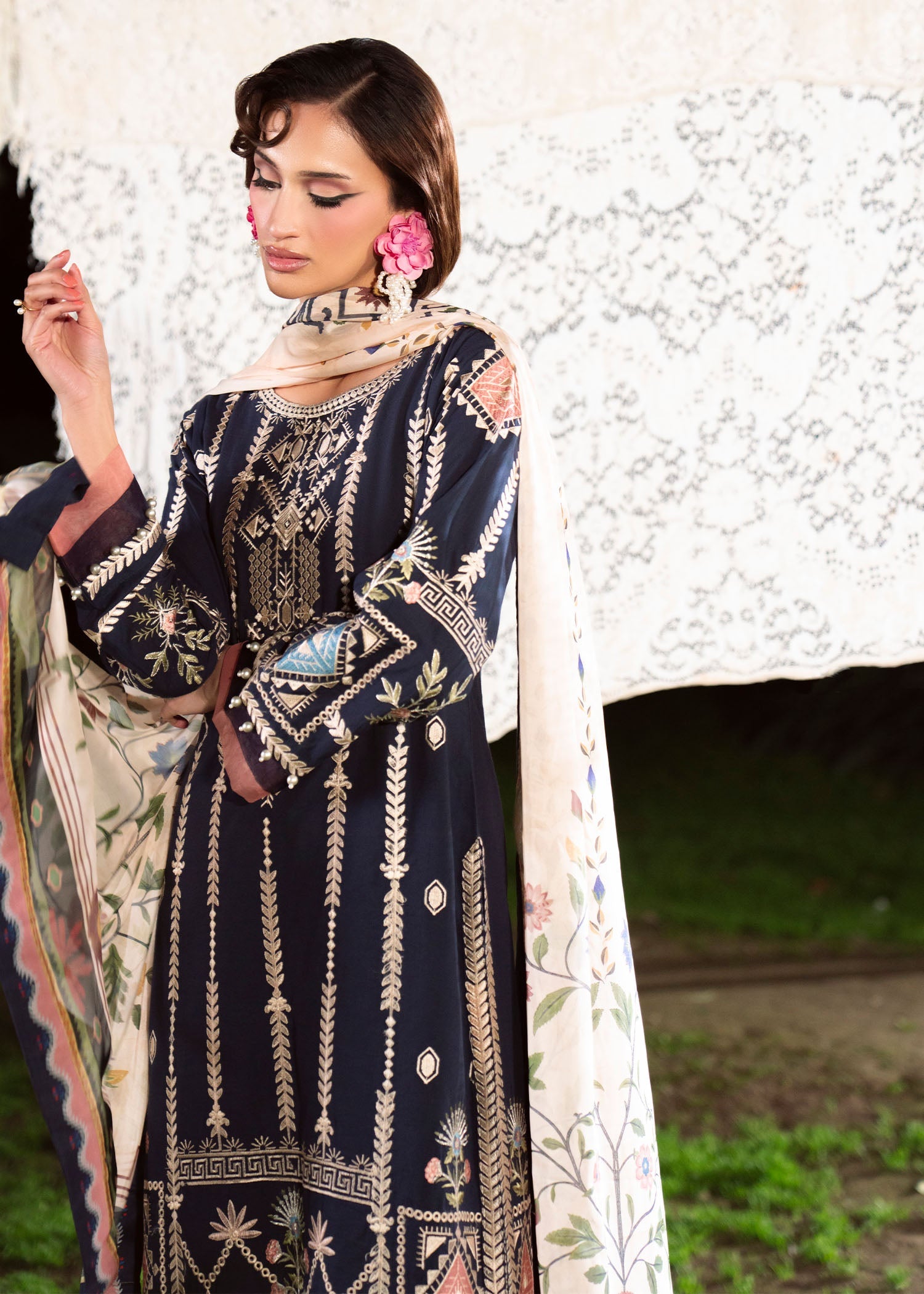 Ladies Navy Blue Digital Print Salwar Kameez Online in KSA Riyadh Saudi Arabia Oman Bahrain Qatar