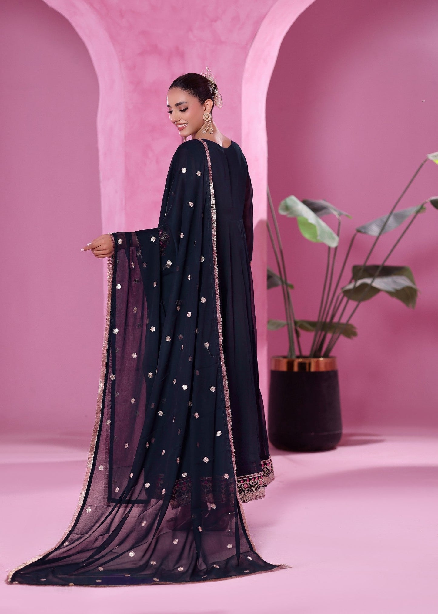 Ladies Navy Blue Embellished Chiffon Shalwar Kameez Online in UK USA Canada