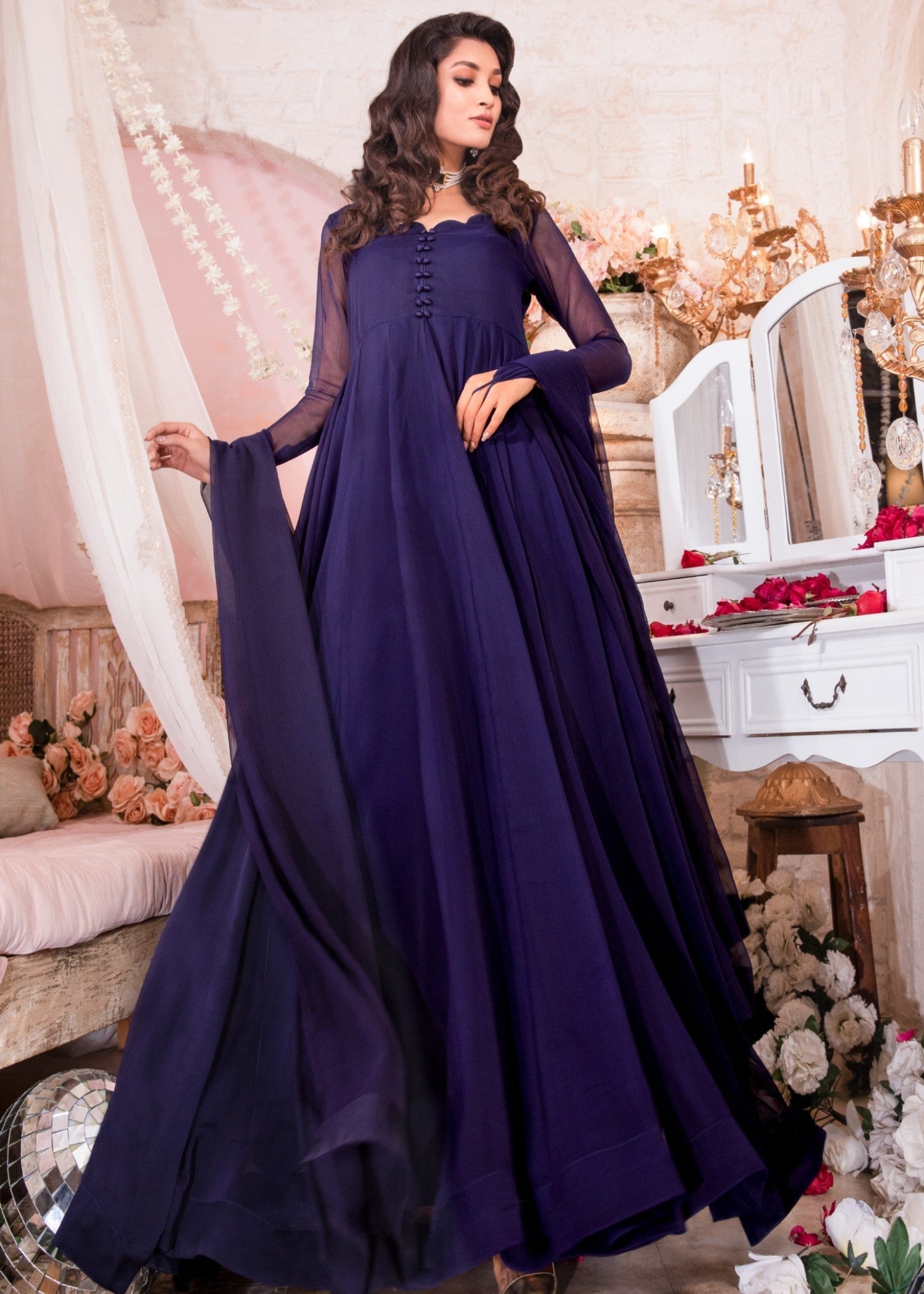 Ladies Navy Blue Embellished Pishwas Gharara Online in UK USA Canada