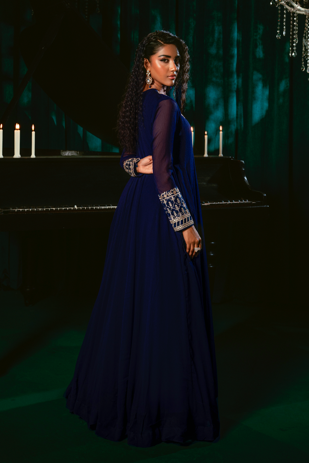 Ladies Navy Blue Embroidered Chiffon Festive Wear Suit Online in UK USA Canada