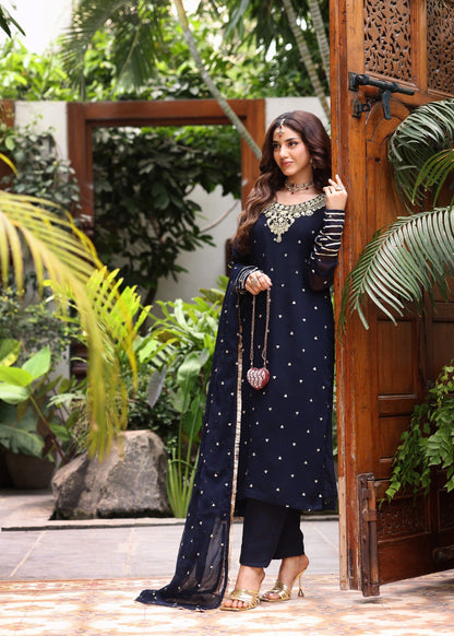 Ladies Navy Blue Embroidered Chiffon Shalwar Kameez Online in UK USA Canada