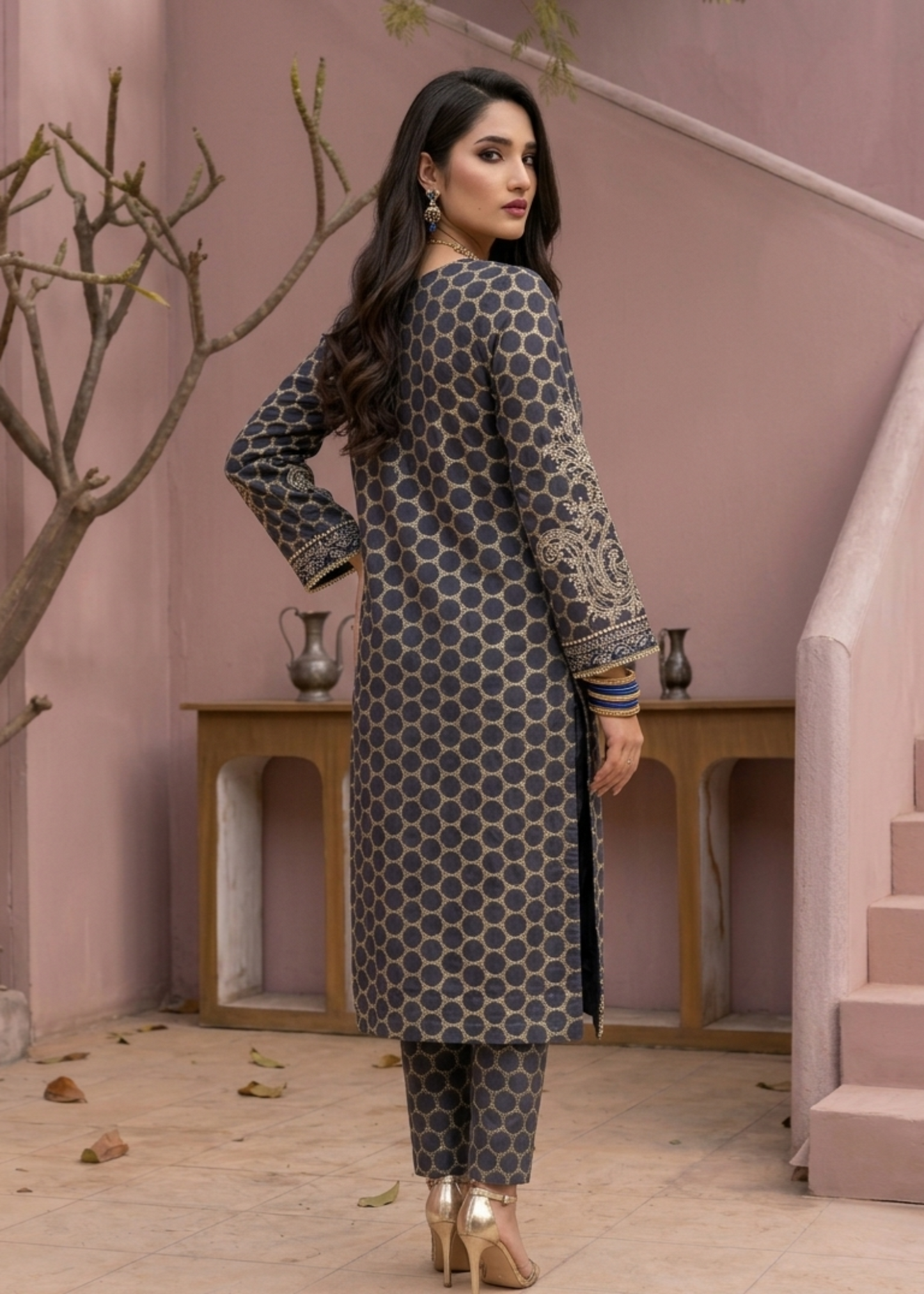 Ladies Navy Blue Embroidered Jacquard Salwar Kameez Online in UK USA Canada
