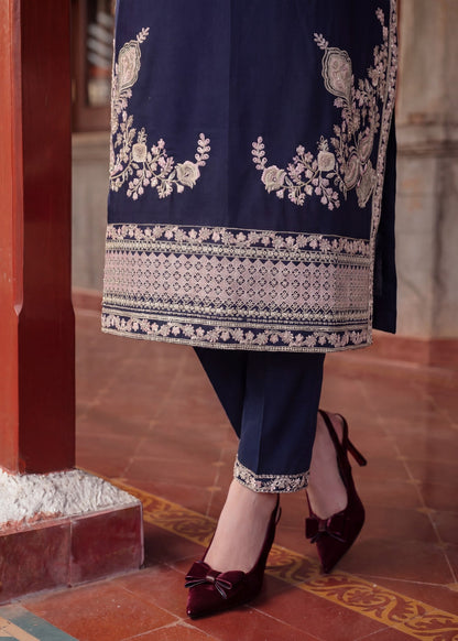 Ladies Navy Blue Embroidered Lawn Kurta Set Online in UK USA Canada